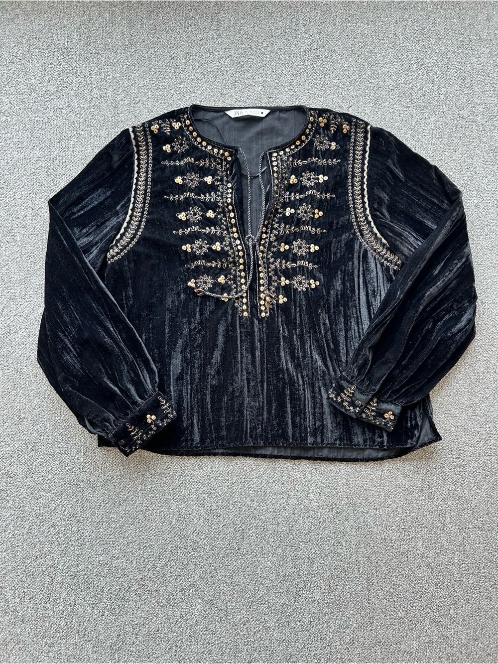 ZARA Velvet Embellished Blouse Detail – Size M